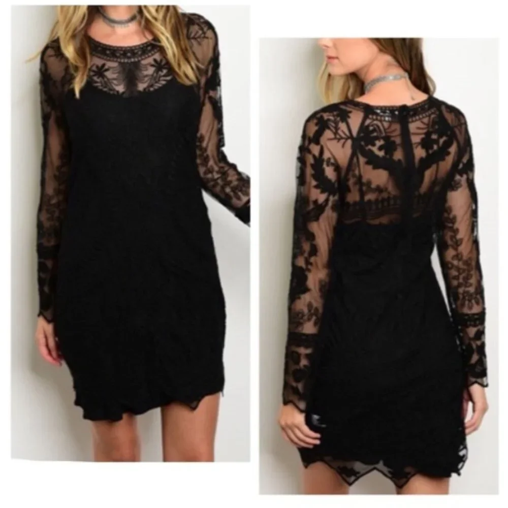 HONEY PUNCH BLACK LACE/sheer long sleeves scoop neck‎ MINI dress LARGE - Picture 2 of 9